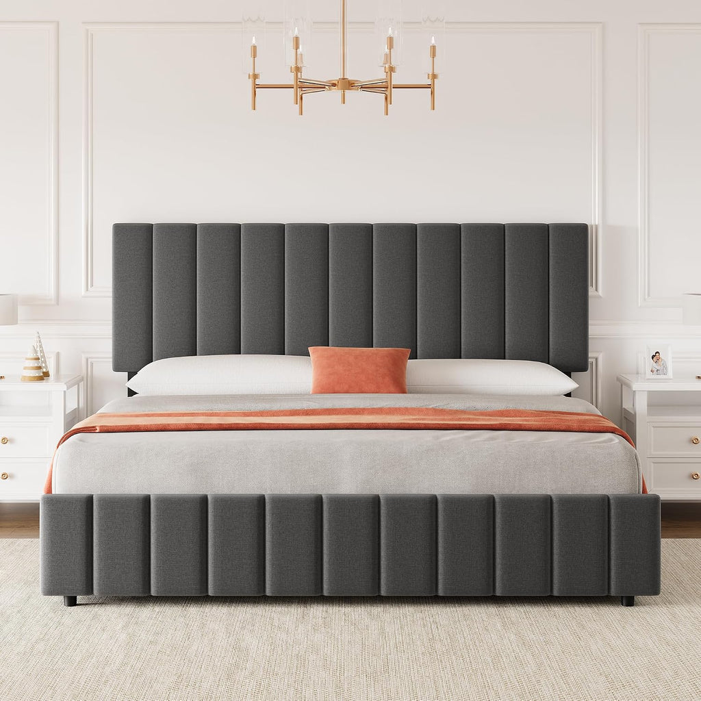 Garvee Queen Size Bed Frame, Linen Bed Frame with 4 Storage Drawers, Grey