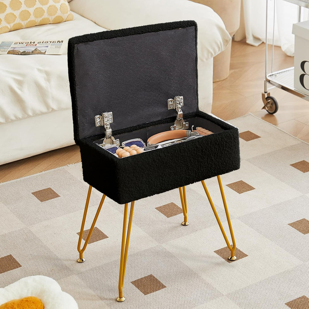 Alessing Vanity Stool Chair Ottoman with Storage, Sherpa Vanity Chair for Makeup Room, Rectangle Vanity Stools with Metal Legs, Soft Makeup Stool Footrest Footstools for Bedroom Living Room, Black | Square Padded Seat Foot Stool With Metal Legs For