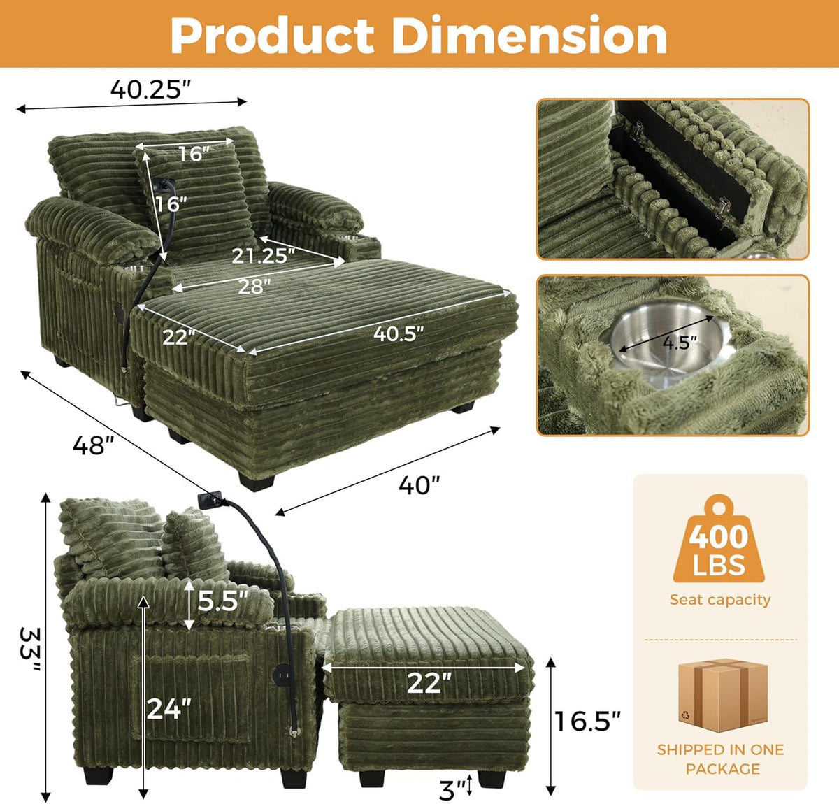 Oversized Chaise Lounge Chair with Adjustable Backrest, Movable Storage Ottoman, Phone Holder, USB Ports, Cup Holder, Reading Lounge Chair for Small Space, Green