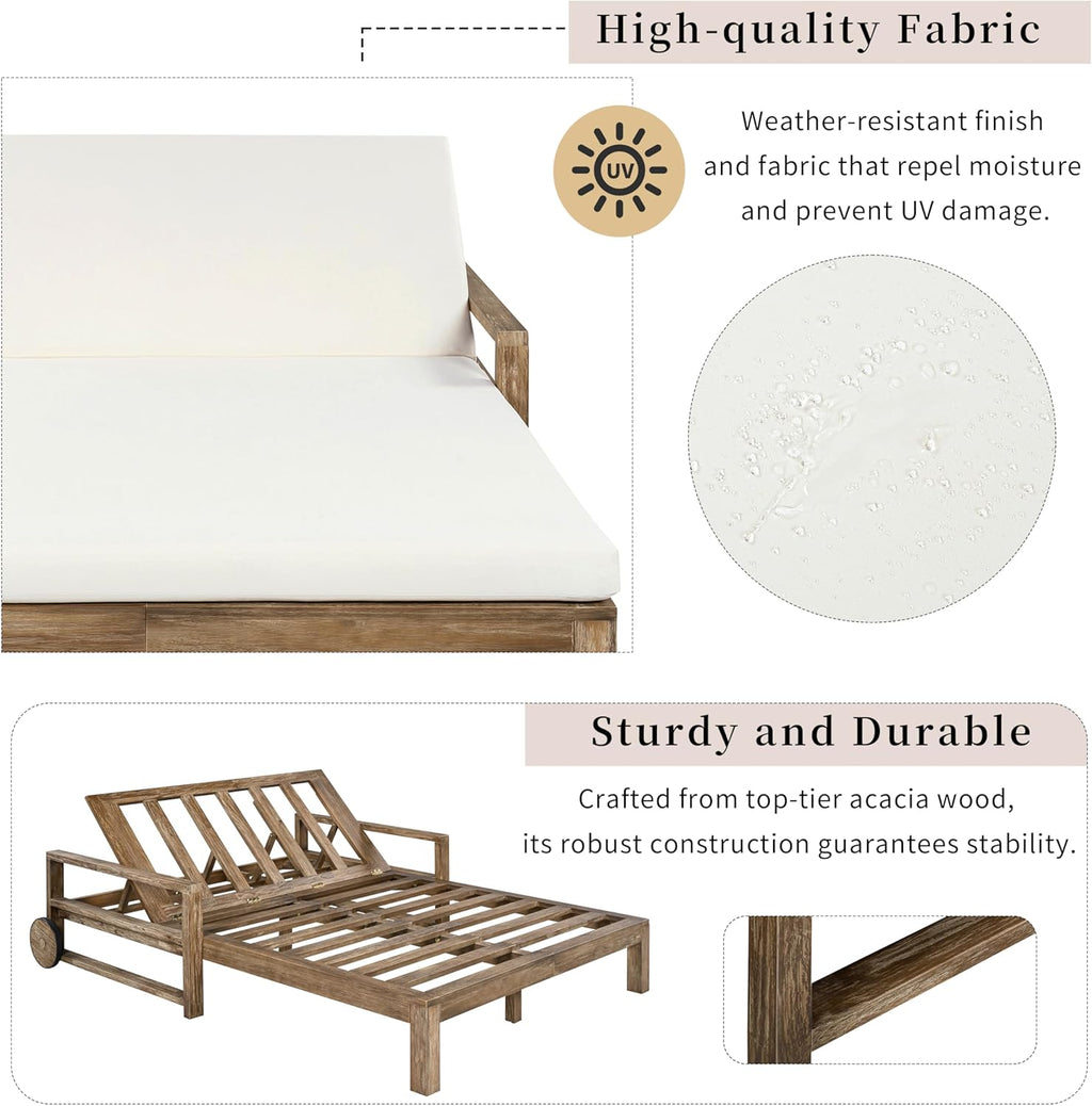 Merax Acacia Wood Outdoor Daybed Sofa, Farmhouse Patio Sun Lounger with Adjustable Backrest, High-Density Cushions & Removable Wheels, Weather Resistant for Garden, Poolside, Backyard, Beige