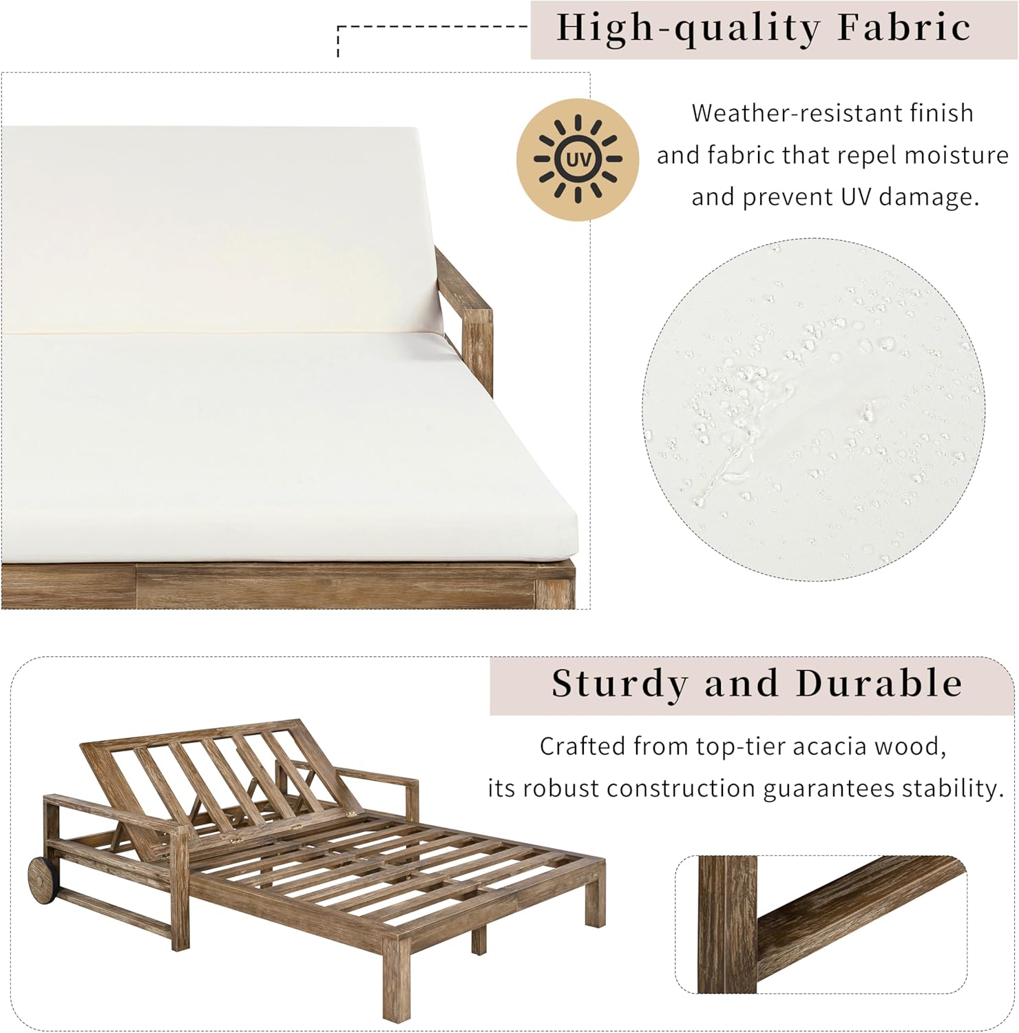 Merax Acacia Wood Outdoor Daybed Sofa, Farmhouse Patio Sun Lounger with Adjustable Backrest, High-Density Cushions & Removable Wheels, Weather Resistant for Garden, Poolside, Backyard, Beige