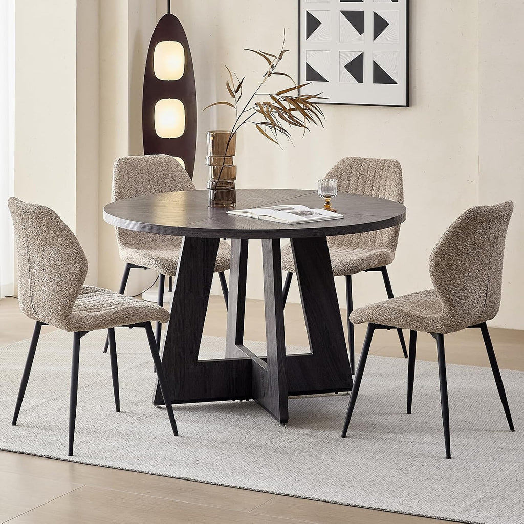 Modern Minimalist Dining Chairs Set of 4, Boucle Fabric, Brown | Thick High-Density Resilient Foam Cushion, Sturdy Metal Frame; Non-Slip Foot Caps Protect Floors, Perfect For Dining Room
