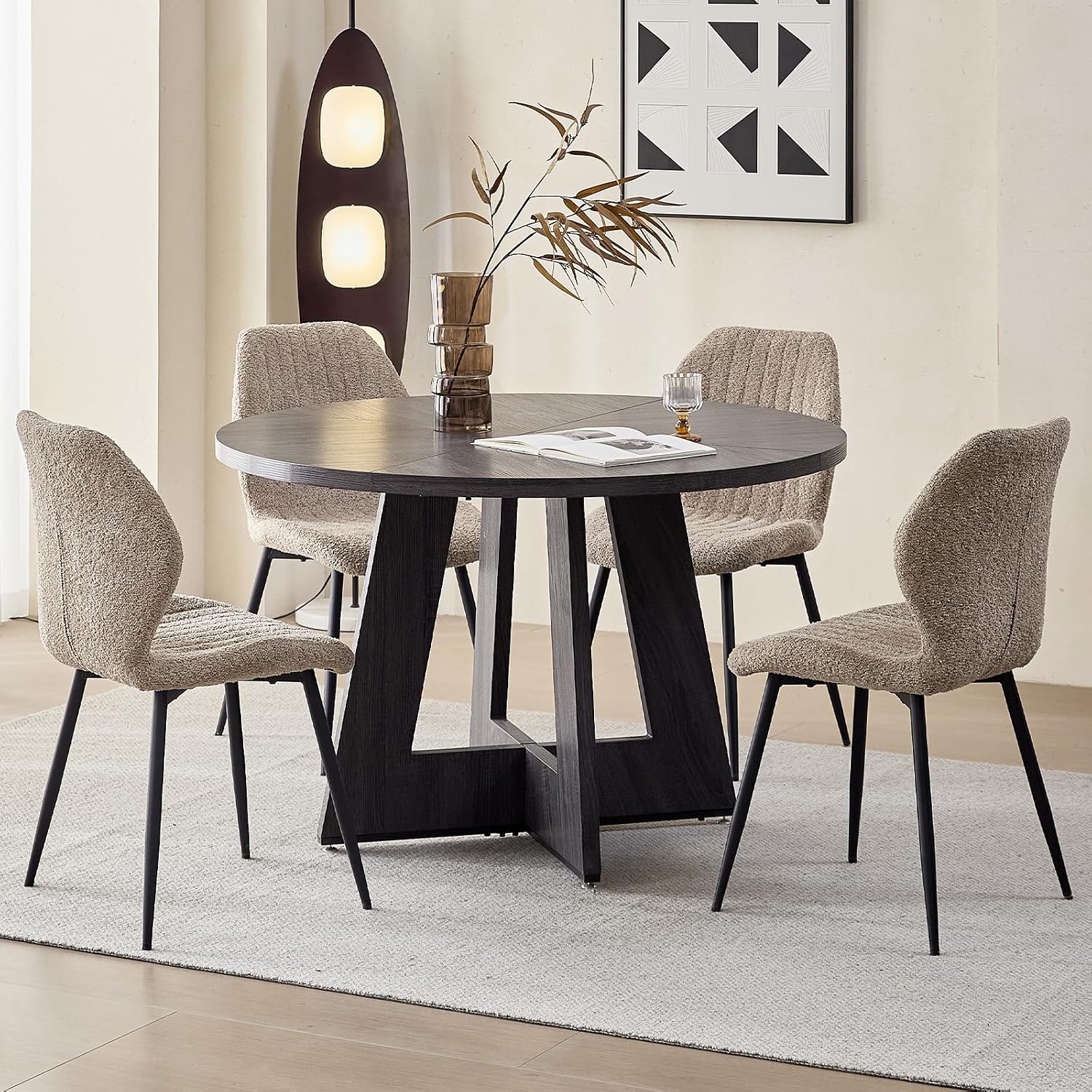 Modern Minimalist Dining Chairs Set of 4, Boucle Fabric, Brown | Thick High-Density Resilient Foam Cushion, Sturdy Metal Frame; Non-Slip Foot Caps Protect Floors, Perfect For Dining Room