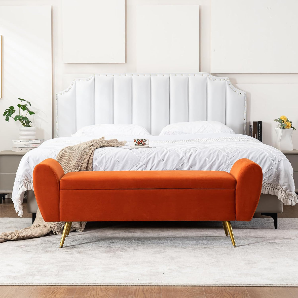 56" Storage Bench for Bedroom King Size Bed, Gold Legs, Velvet Orange
