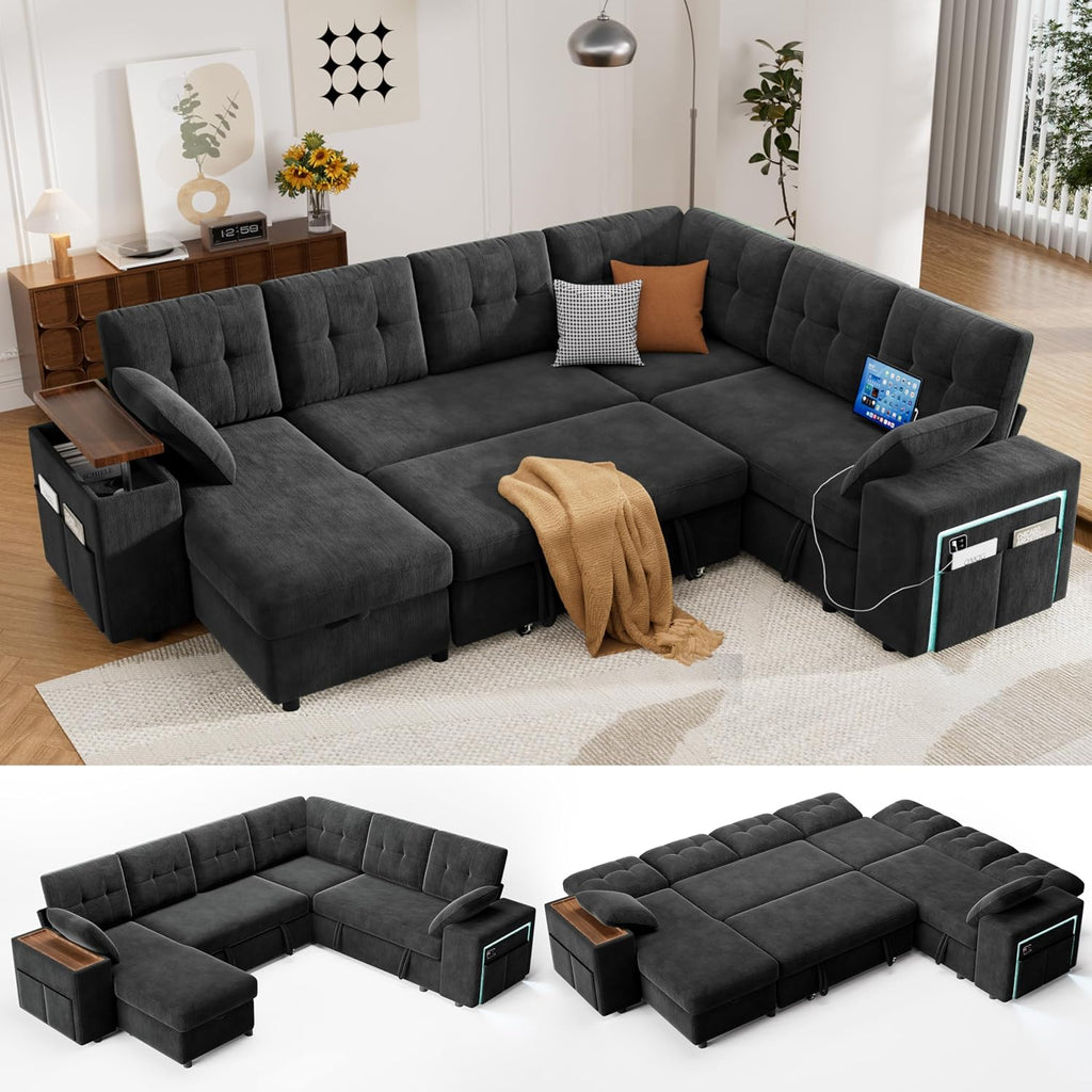 Vipbear 7 Seat Modular Sectional Sleeper Sofa with Pull Out Bed, L-Shaped Couch with Reclining Backrest, Lift Top Storage Chaise, USB LED Light, Tool-Free Assembly, Chenille Black