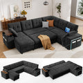 Vipbear 7 Seat Modular Sectional Sleeper Sofa with Pull Out Bed, L-Shaped Couch with Reclining Backrest, Lift Top Storage Chaise, USB LED Light, Tool-Free Assembly, Chenille Black