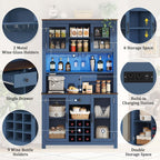 71” Kitchen Pantry with Microwave Shelf & Charging Station, LED Lighting Bar Hutch Cabinet with Storage Doors & Shelves, Glass Holders, Wine Rack, Wooden Structure (Navy Blue)