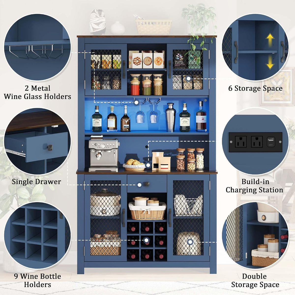 71” Kitchen Pantry with Microwave Shelf & Charging Station, LED Lighting Bar Hutch Cabinet with Storage Doors & Shelves, Glass Holders, Wine Rack, Wooden Structure (Navy Blue)