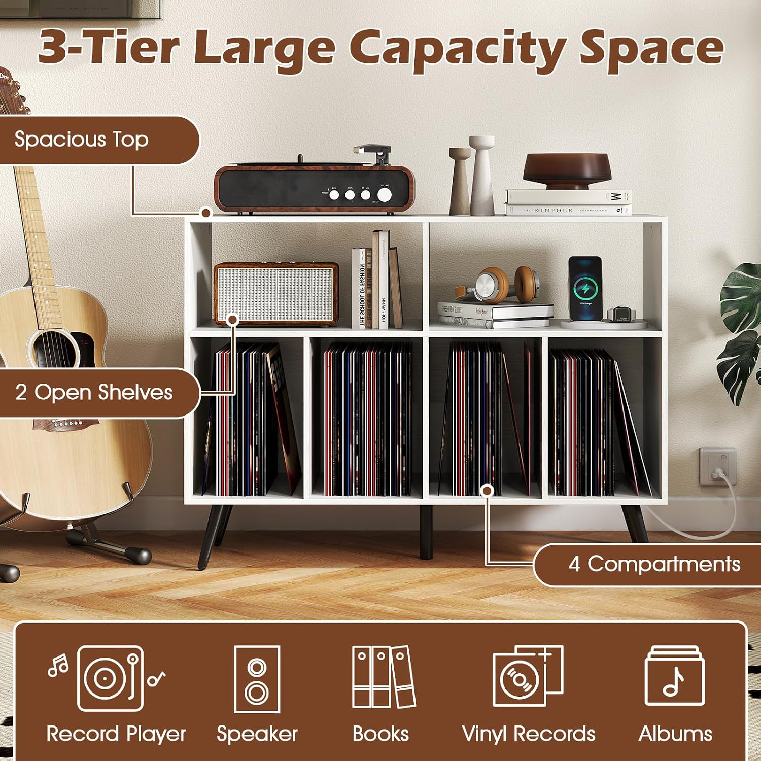 LOKO Large Record Player Stand, Vinyl Record Holder with Built-in Power Outlet, Open Shelves & Compartments, Turntable Display Stand for Living Room, Bedroom, Office (White)