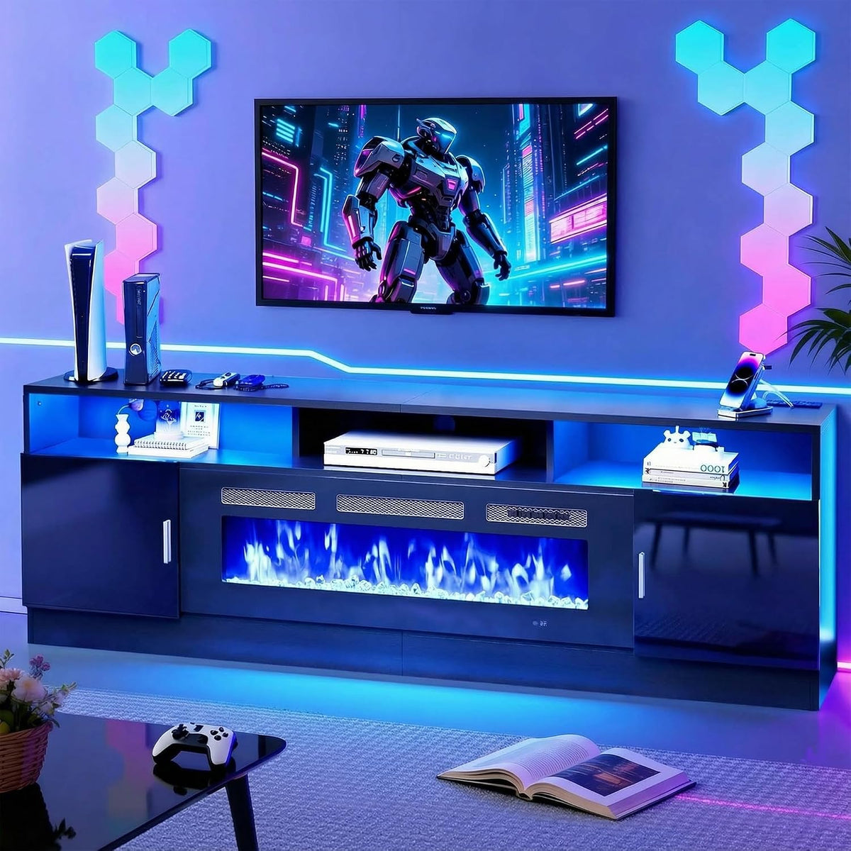 70" Fireplace TV Stand with Power Outlet, Entertainment Center with 36" Fireplace for TVs Up to 80", Modern TV Console for Living Room with High Gloss Storage Cabinet & LED Lights, Black-Black