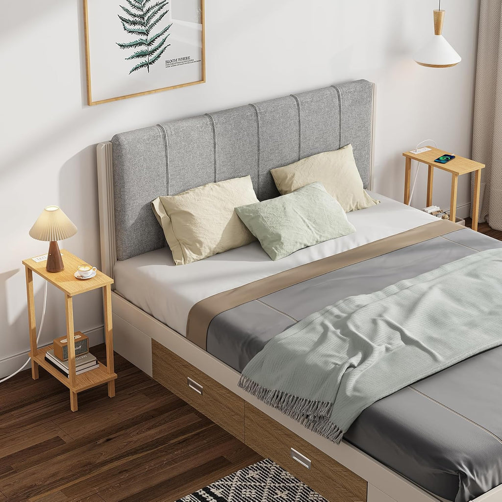 TUTOTAK Small End Table with Charging Station, Narrow Side Table with USB Ports and Outlets, Skinny Sofa Table, Slim Nightstand, Living Room, Bed Room, Natural TB01BN060
