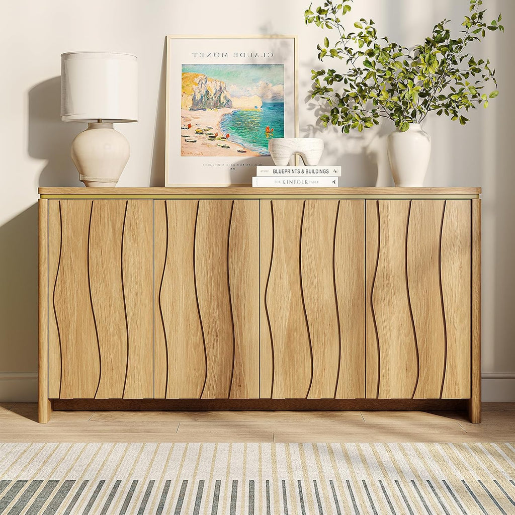 Vabches Fluted Buffet Cabinet with Storage, 3D Ripple Pattern Doors and Curved Edges, Modern Sideboard for Kitchen, Entryway, 4 Doors & Adjustable Shelf, Natural, 57.9" W