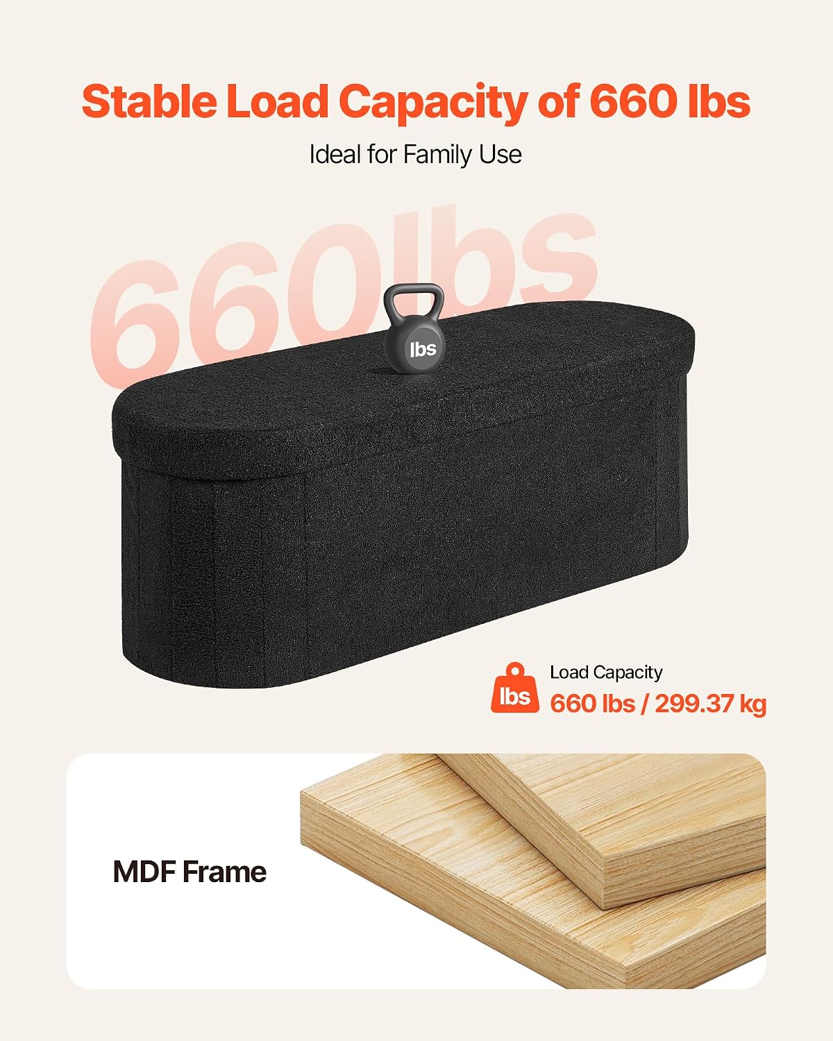 VEVOR Oval Storage Ottoman Bench, Foldable Teddy Fleece End of Bed Bench, Folding Upholstered Bed Ottoman Chest with Large Storage Space, Supports 660 lbs, for Living Room, Bedroom, Entryway, Black