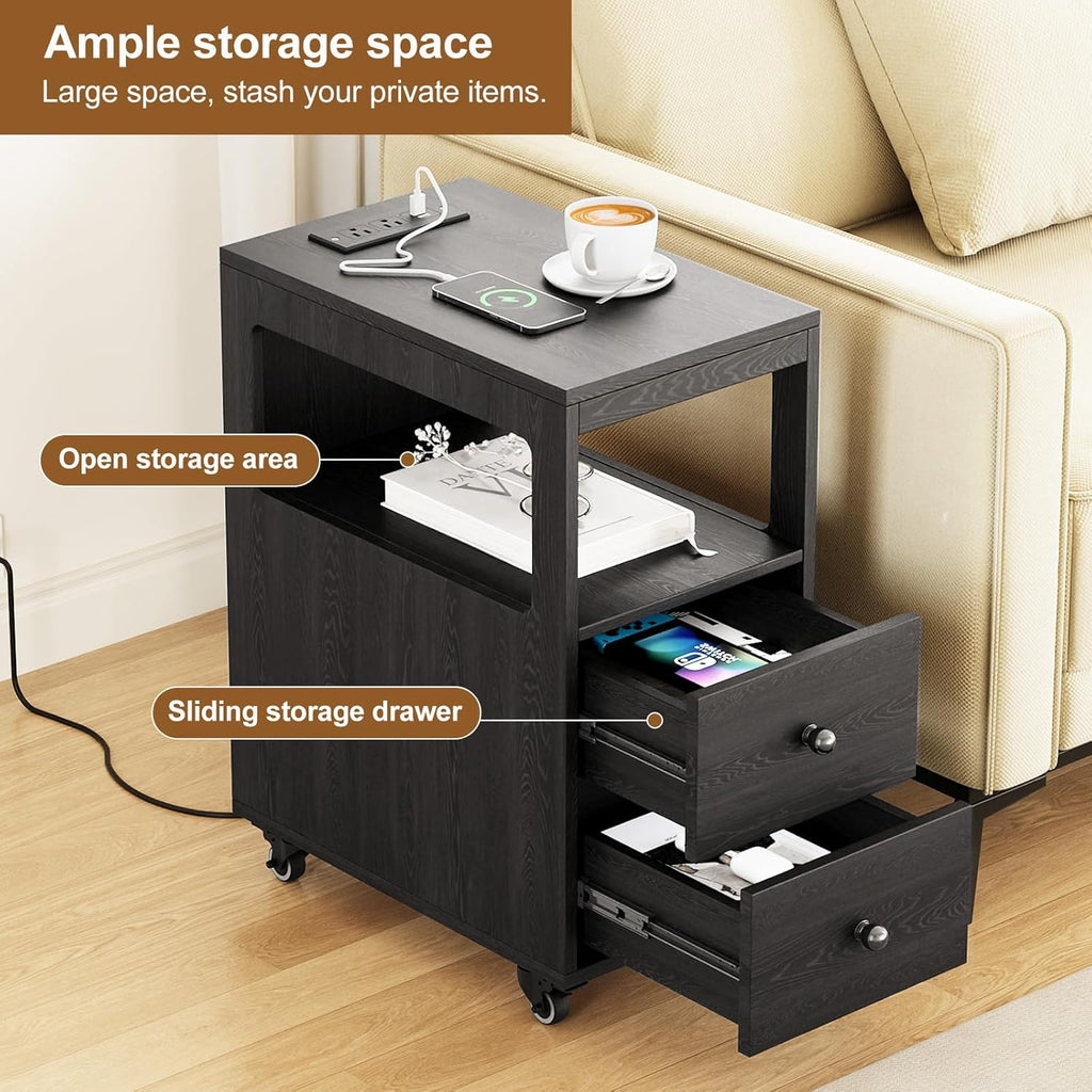 Narrow End Table with Charging Station and Wheels, Movable Narrow Sofa Side Table with USB Ports and Outlets for Small Space, Living Room, Bedroom and Office, Bedside with 4 Wheels (Black)
