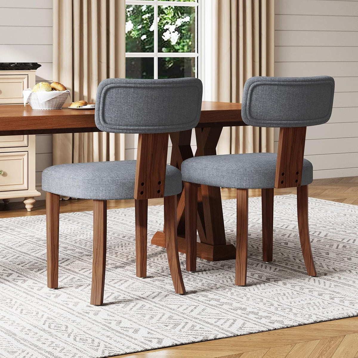 LUXOAK Mid Century Modern Dining Chairs Set of 2, Linen Upholstered Kitchen Chairs with Curved Backrest & Adjustable Legs for Living Room/Bedroom/Lounge, Easy to Install, Grey Linen