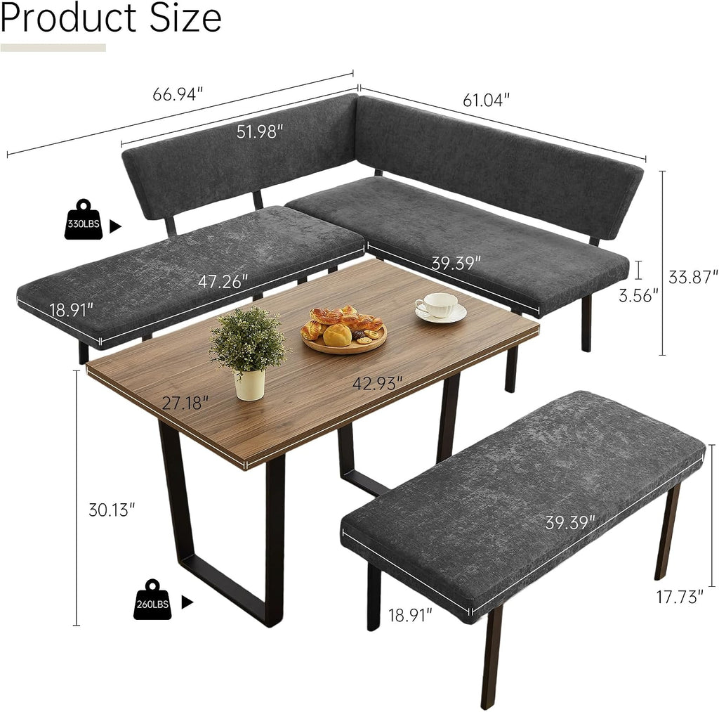 HIPIHOM 3-Piece Corner Dining Table Set with Bench, 67 Inch Space-Saving Breakfast Nook for Kitchen & Dining Room (Walnut Table & Grey Bench)
