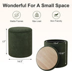 Joveco 14.5" Small Ottoman with Storage, Teddy Velvet Foot Rest Stool with Reversible Wood Tray Lid, Round Storage Ottoman Coffee Table, Vanity Stool for Living Room, Olive Green