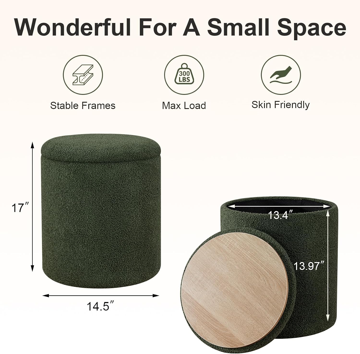Joveco 14.5" Small Ottoman with Storage, Teddy Velvet Foot Rest Stool with Reversible Wood Tray Lid, Round Storage Ottoman Coffee Table, Vanity Stool for Living Room, Olive Green