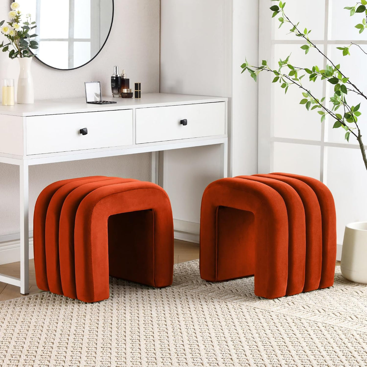 Flouki Velvet Ottoman Stools, Multifunctional Arch Ottomans, Makeup Vanity Stools, Ottomans for Bedroom, Dorm, Side Table Seat for Living Room, Entryway (Rust)