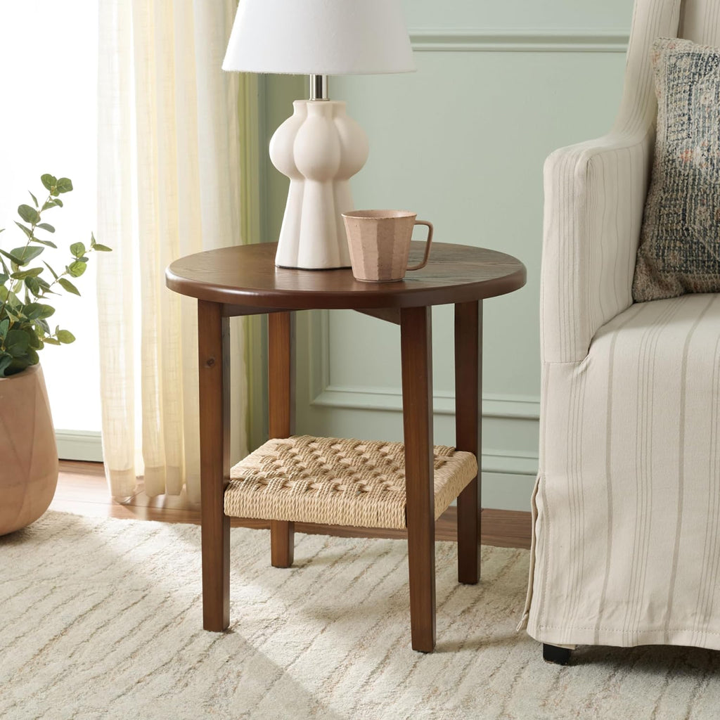 SAFAVIEH Home Collection - Rakoma Round End Table, Walnut Brown Accent Side Table with Woven Shelf (ACC2313A)