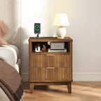 Night Stand Set of 2 with Charger Station, Fluted Nightstand with Drawers and Storage Shelf, Mid Century Modern Bedside Table Nightstands, Large Bed Side Table Wood Night Stands for Bedroom