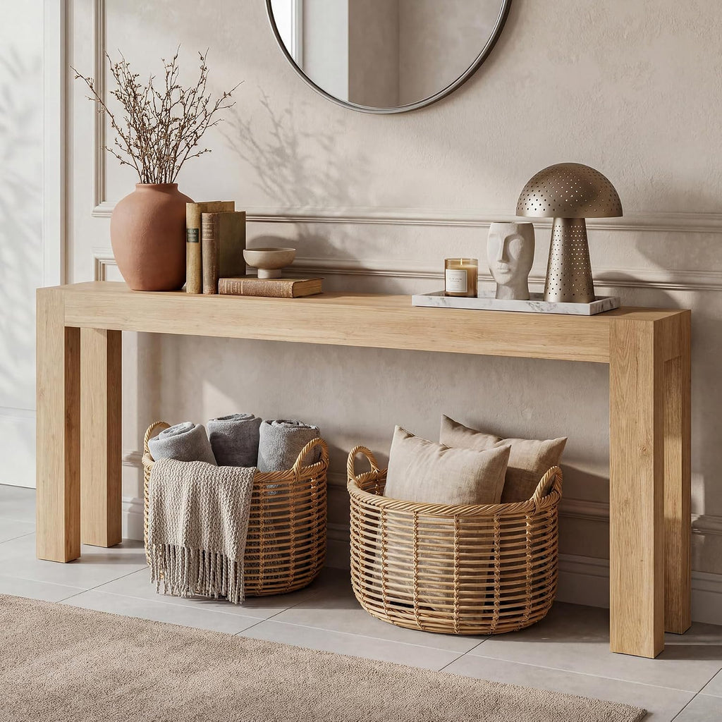 86.75" Extra Long Console Table for Entryway, Narrow Entryway Table | 11.75" Narrow Behind Couch Table, Long Tabletop, Wood Grain, Farmhouse Sofa Table for Living Room Hallway, Oak