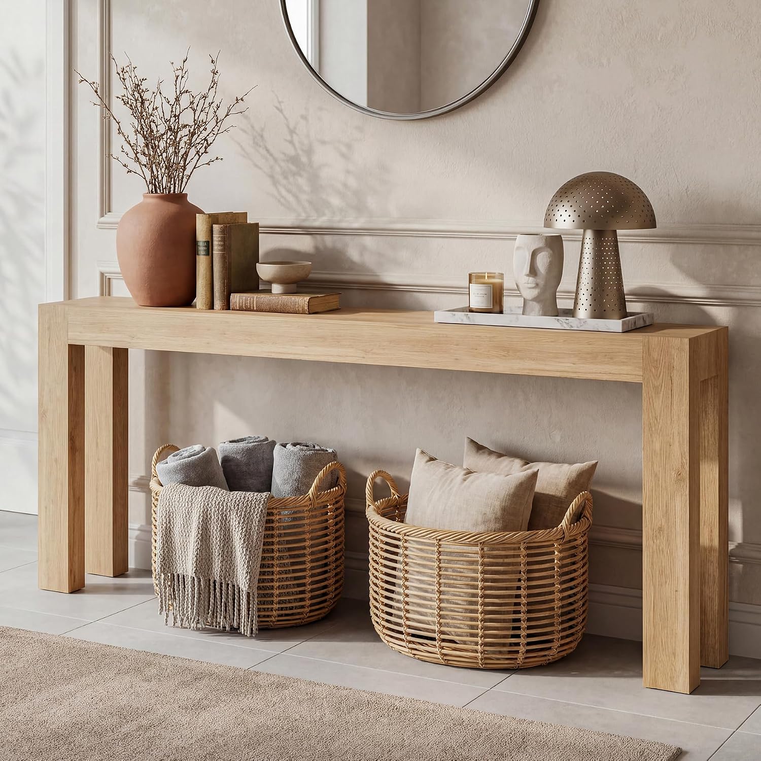 86.75" Extra Long Console Table for Entryway, Narrow Entryway Table | 11.75" Narrow Behind Couch Table, Long Tabletop, Wood Grain, Farmhouse Sofa Table for Living Room Hallway, Oak