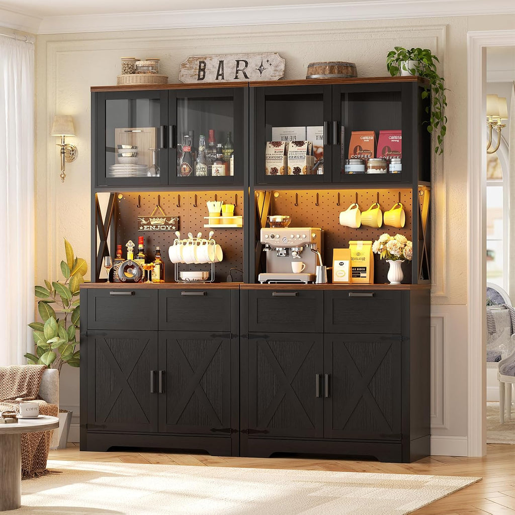 Unikito 71" Kitchen Pantry Cabinet with LED Light & Outlet, Microwave Stand | Black & Rustic, 63" Wide, DIY Pegboard Panel, Storage Drawers, Adjustable Shelves, Kitchen Buffet Hutch for Dining Room
