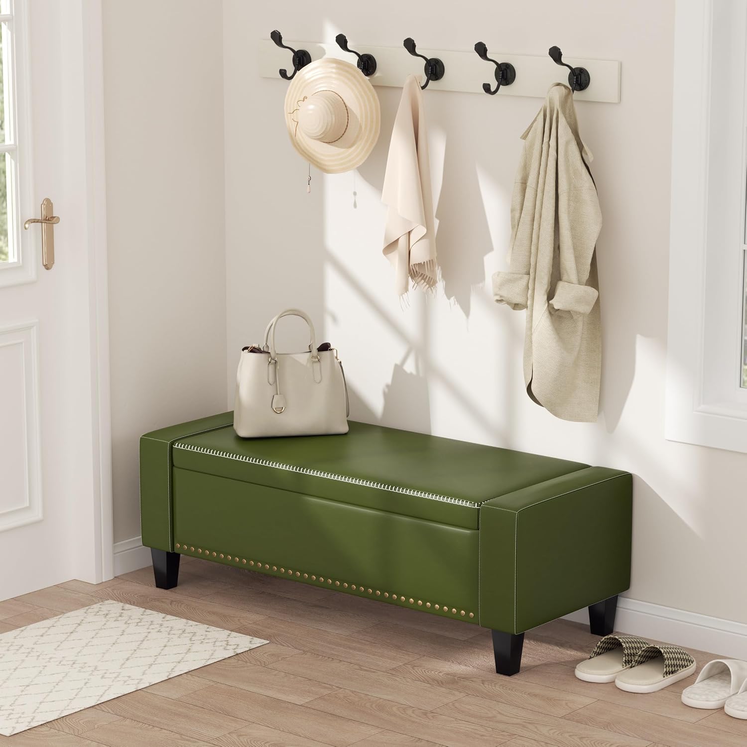 AKMAKM 49''W Storage Ottoman Bench, 30 Gallons End of Bed Bench, Faux Leather, Mid Century Modern, Upholstered Bench with Storage and Seat for Entryway, Living Room, Holds up to 350 lb, Green