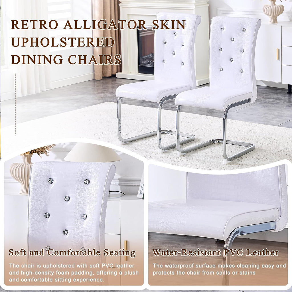 Dining Table Set for 6, Kitchen Table Chairs Set of 6, Modern Dining Room Set 63'' Marble Dinner Table PU Leather Upholstered Chairs for Kitchen (White-cro)