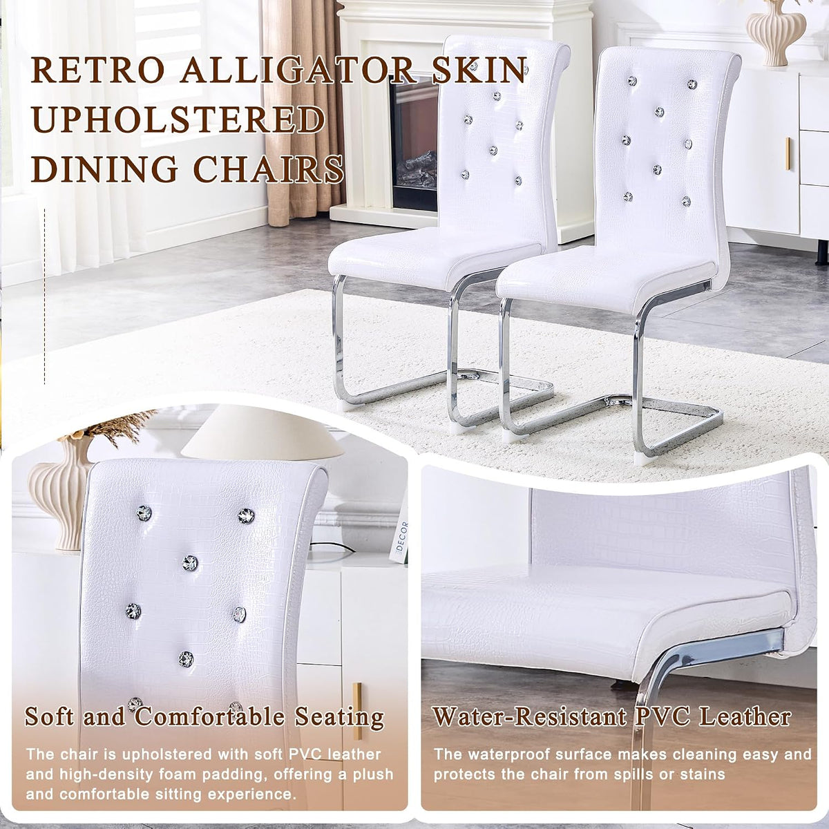 Dining Table Set for 6, Kitchen Table Chairs Set of 6, Modern Dining Room Set 63'' Marble Dinner Table PU Leather Upholstered Chairs for Kitchen (White-cro)