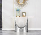 Luxury Silver Glass Console Table, Modern 47" Rectangle Entryway Table with Mirrored U-Shape Stainless Steel Base, Clear Glass Sofa Tables Behind The Couch Hallway Tables for Living Room