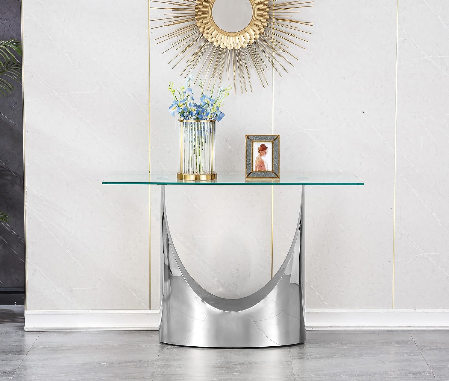 Luxury Silver Glass Console Table, Modern 47" Rectangle Entryway Table with Mirrored U-Shape Stainless Steel Base, Clear Glass Sofa Tables Behind The Couch Hallway Tables for Living Room