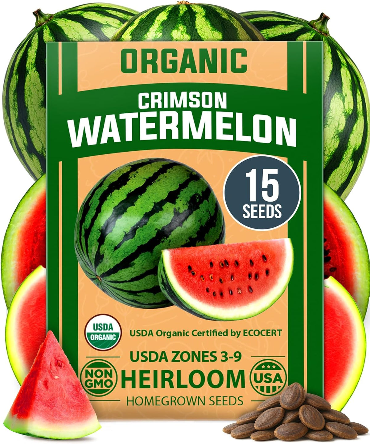 HOME GROWN 𝗨𝗦𝗔 𝗣𝗥𝗘𝗠𝗜𝗨𝗠 𝗢𝗥𝗚𝗔𝗡𝗜𝗖 Watermelon Vegetable Seeds (Crimson Sweet) – 15 Non-GMO, Heirloom Water Melon (7g) for Planting in Home Gardens or Beds Outdoors – Citrullus lanatus