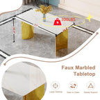 71" Dining Table Set for 6, White Faux Marble Dining Room Table Set for 6 with PU Leather Chairs and Gold Metal Legs, Easy Clean Kitchen Dining Set
