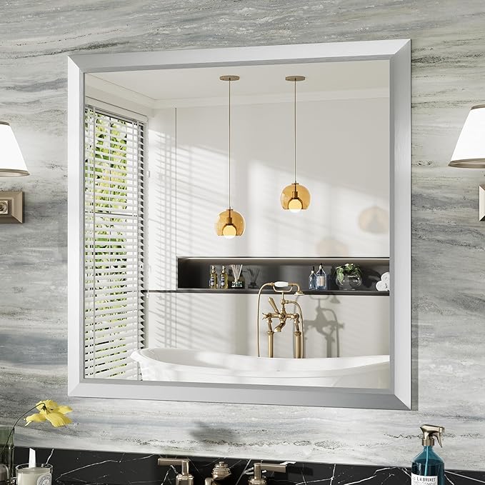 36x36 Inch Silver Bathroom Mirror for Wall, Thick Metal Framed Rectangle Mirrors for Over Sink, Bedroom, Living Room, Entryway, Anti-Rust, HD Tempered Glass