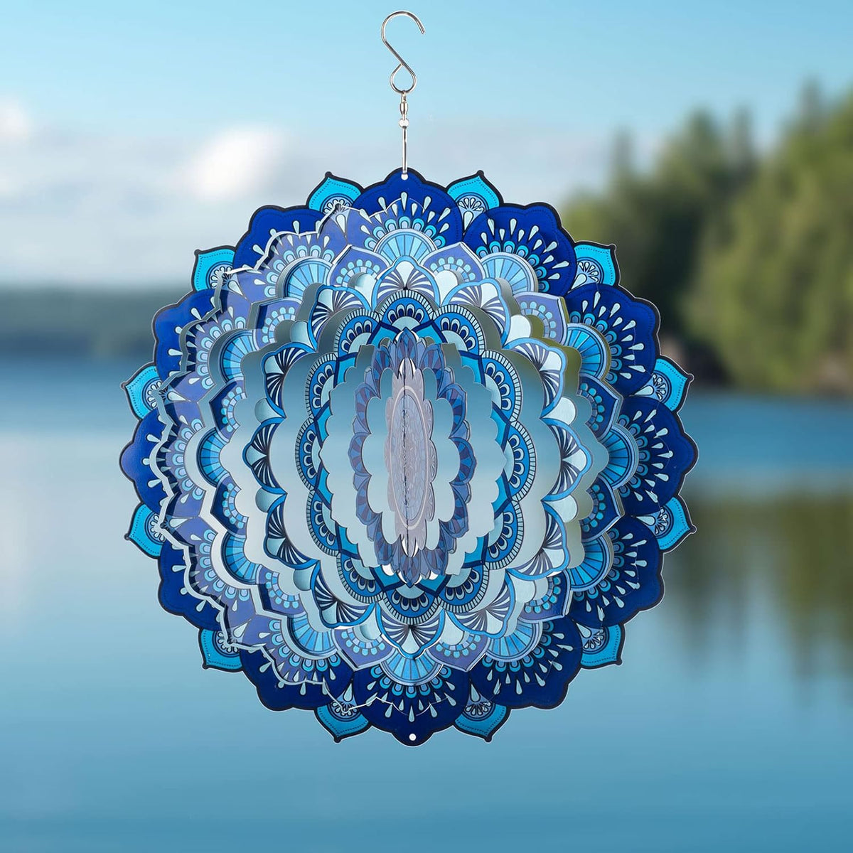 Wind Spinner Yard Art Garden Decor 3D Stainless Steel Metal Sculptures Kinetic Hanging Whirligigs Blue Mandala Decorations Backyard Outside Indoor Outdoor Patio Ornaments Clearance Windmill