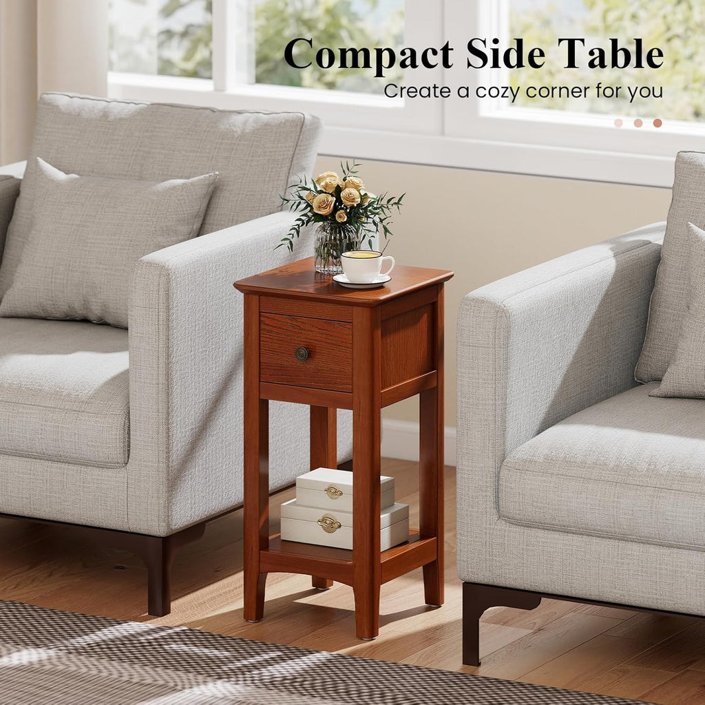 Giantex Narrow End Table with Drawer, 23.5" H Side Table w/Open Storage Shelf & Solid Wood Frame, Small Night Stand for Dorm Living Room, Bedroom, Small Spaces, No Assembly Needed, Walnut
