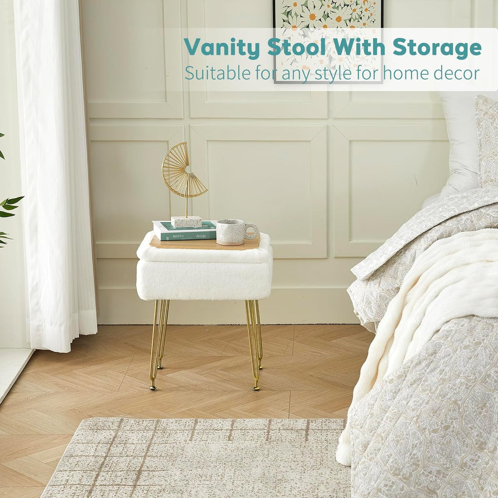 BRIAN & DANY Vanity Stool, Sherpa Vanity Stool Chair with Storage, Rectangle Makeup Chair Soft Padded Seat with Legs for Bedroom (White)