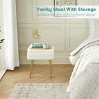 BRIAN & DANY Vanity Stool, Sherpa Vanity Stool Chair with Storage, Rectangle Makeup Chair Soft Padded Seat with Legs for Bedroom (White)
