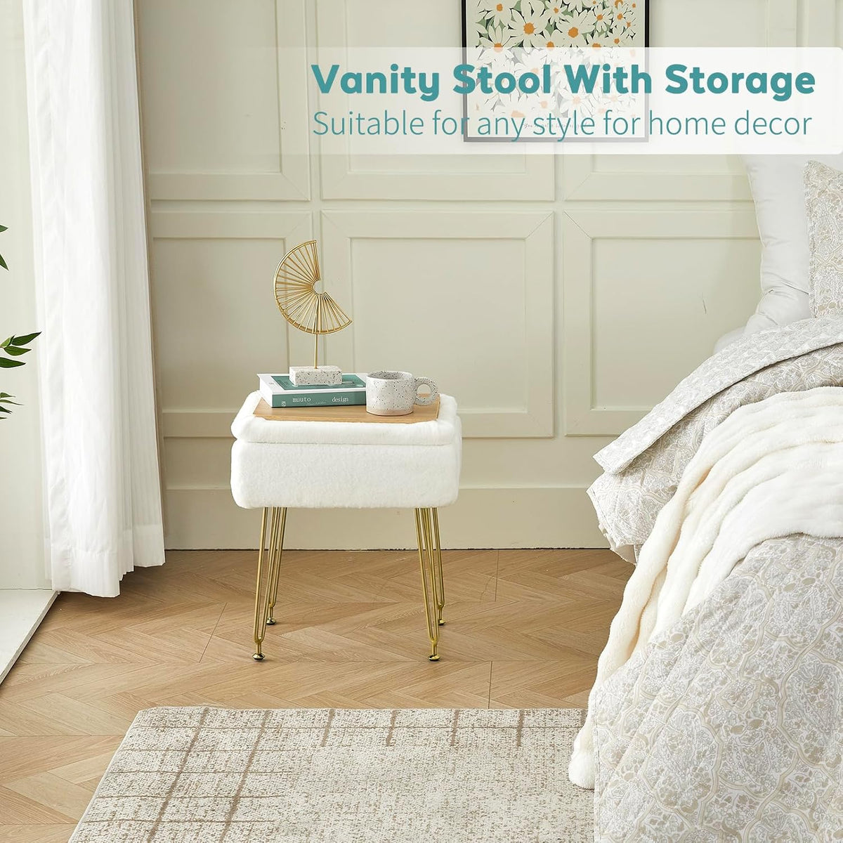 BRIAN & DANY Vanity Stool, Sherpa Vanity Stool Chair with Storage, Rectangle Makeup Chair Soft Padded Seat with Legs for Bedroom (White)