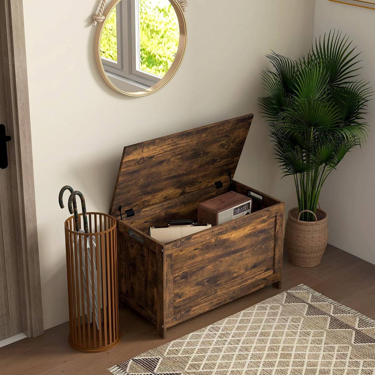 HOMCOM Storage Bench Cut-Out Handles 29.9" x 15.7" x 18.9" Rustic Brown | Storage Chest, 2 Safety Hinges, Modern Wooden Trunk, Living Room, Entryway