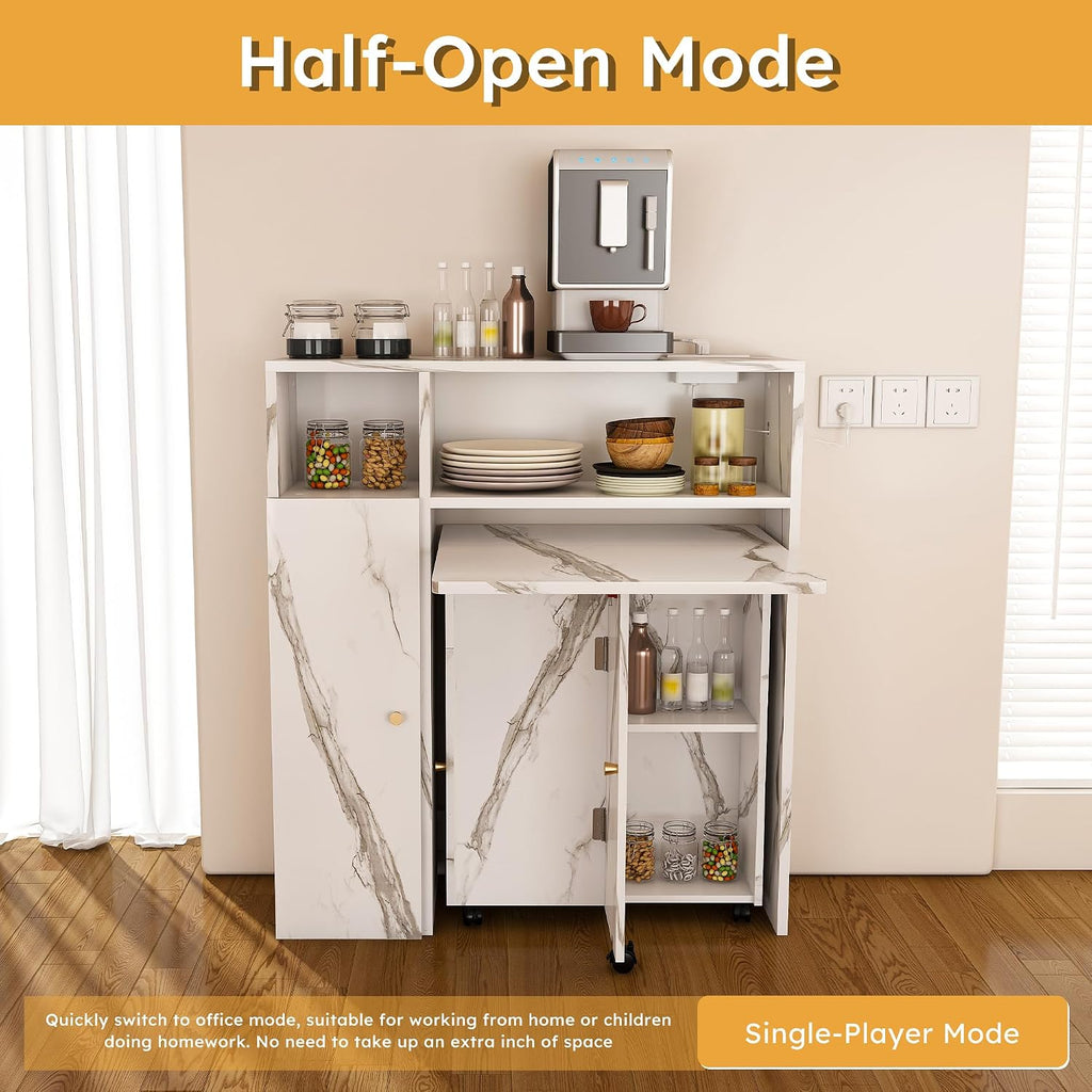 Multifunctional Folding Dining Table with Wall-Mounted Sideboard & Storage, 37.4" Folding Kitchen Island with Wheels, Modern Movable Kitchen Extendable Versatile Table for Small Space White