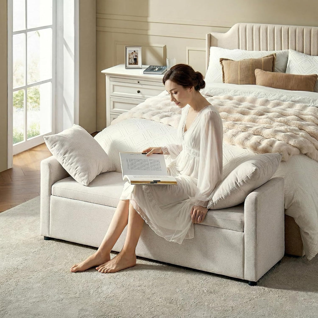 HULALA HOME 59" Storage Bench with 2 Throw Pillows, Modern Long Bedroom Bench for End of Bed, Comfy Upholstered Footstool for Entryway Living Room, Linen