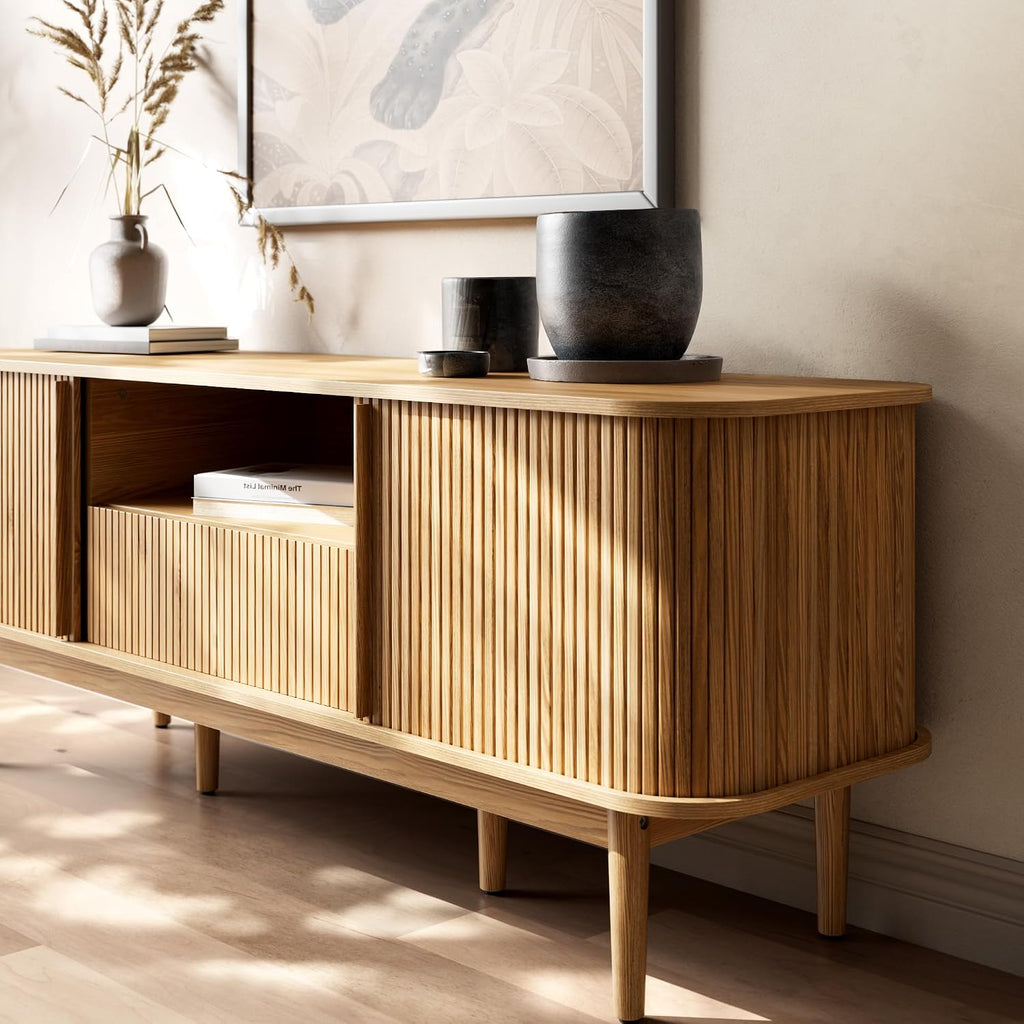 Furniway Modern TV Stand for 45/55/70 inch TV, Entertainment Center with Sliding Doors and Storage, Wood TV Stand for Bedroom, Living Room, Natural