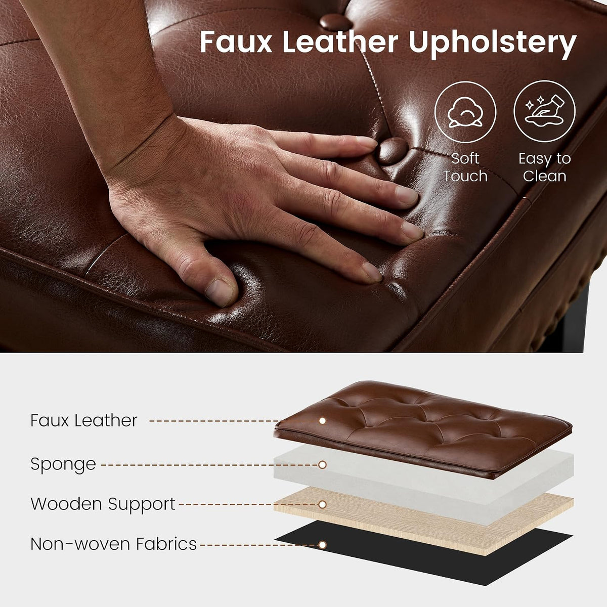 Glitzhome Faux Leather Foot Stool, Mid Century Modern Foot Stools Ottoman, Vintage Ottoman Tufted Square Vanity Seat, Coffee