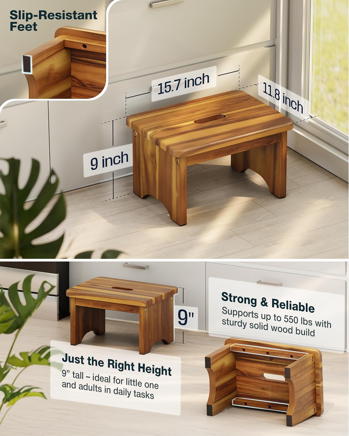 FANATU 9" Wooden Bed Step, Heavy Duty Step Stool for Adults with Handle | Wooden Beside Step With 550 Lb Capacity, Strong Construction, Carry Handle, Non-Slip Feet For Bedroom, Kitchen & Bathroom Use