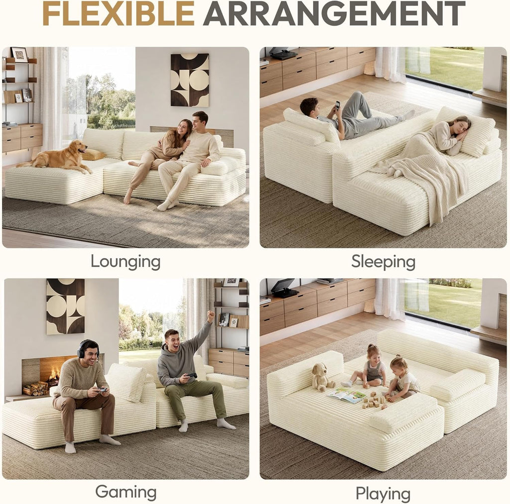Yaheetech 110" Sectional Sofa Couch with Chaise, Beige | Sectional Sofa Cloud Couch Corduroy Modular L-Shape Couch No Assembly Sofa with Detachable Pillow for Living Room Guest Room