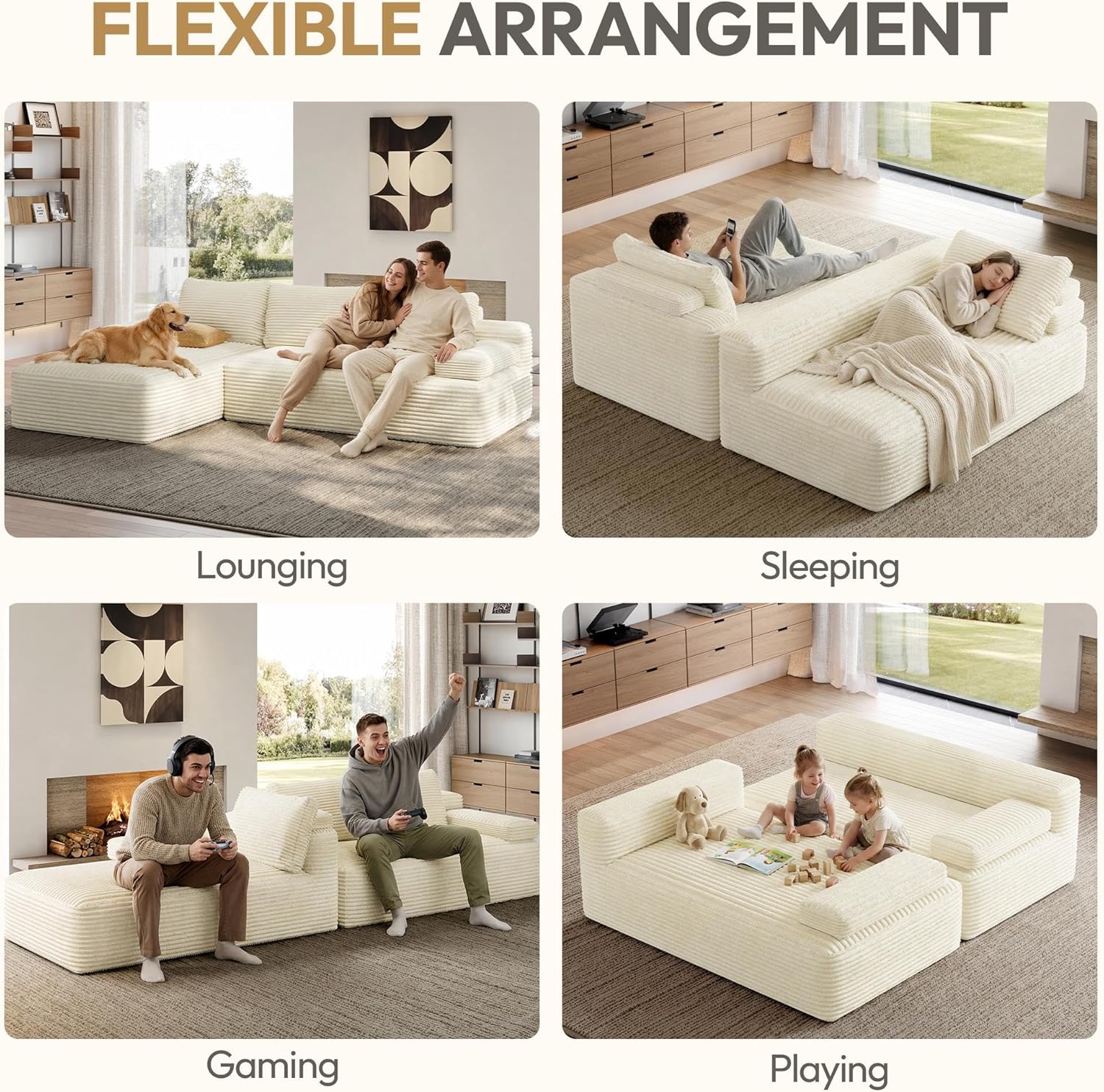 Yaheetech 110" Sectional Sofa Couch with Chaise, Beige | Sectional Sofa Cloud Couch Corduroy Modular L-Shape Couch No Assembly Sofa with Detachable Pillow for Living Room Guest Room