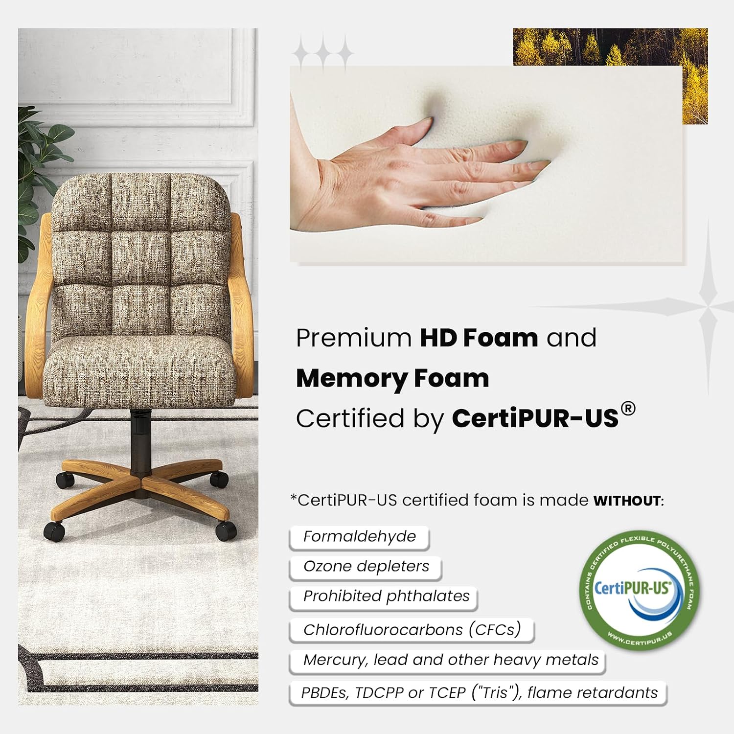 Chromcraft Ryland Swivel-Tilt Caster Dining Chair - Chestnut -Earth - 4pc | USA‑built swivel‑tilt caster chair with memory‑foam seating, soft casters, solid wood arms and caps, made with global parts.